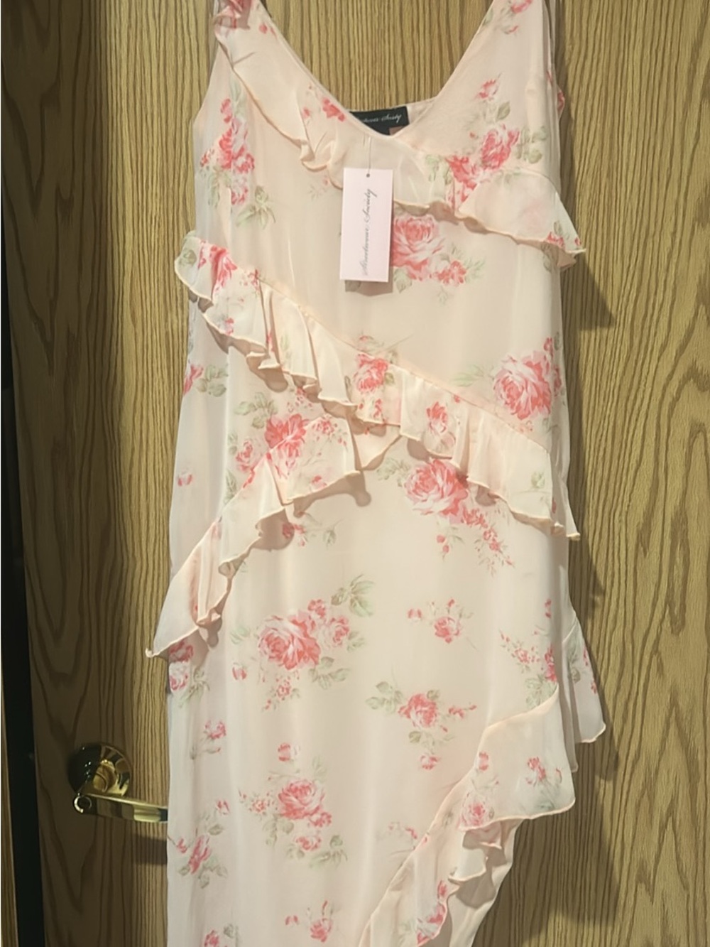 A Classy Chic Boutique Cream Floral Ruffle Slip Dress with Pink Roses